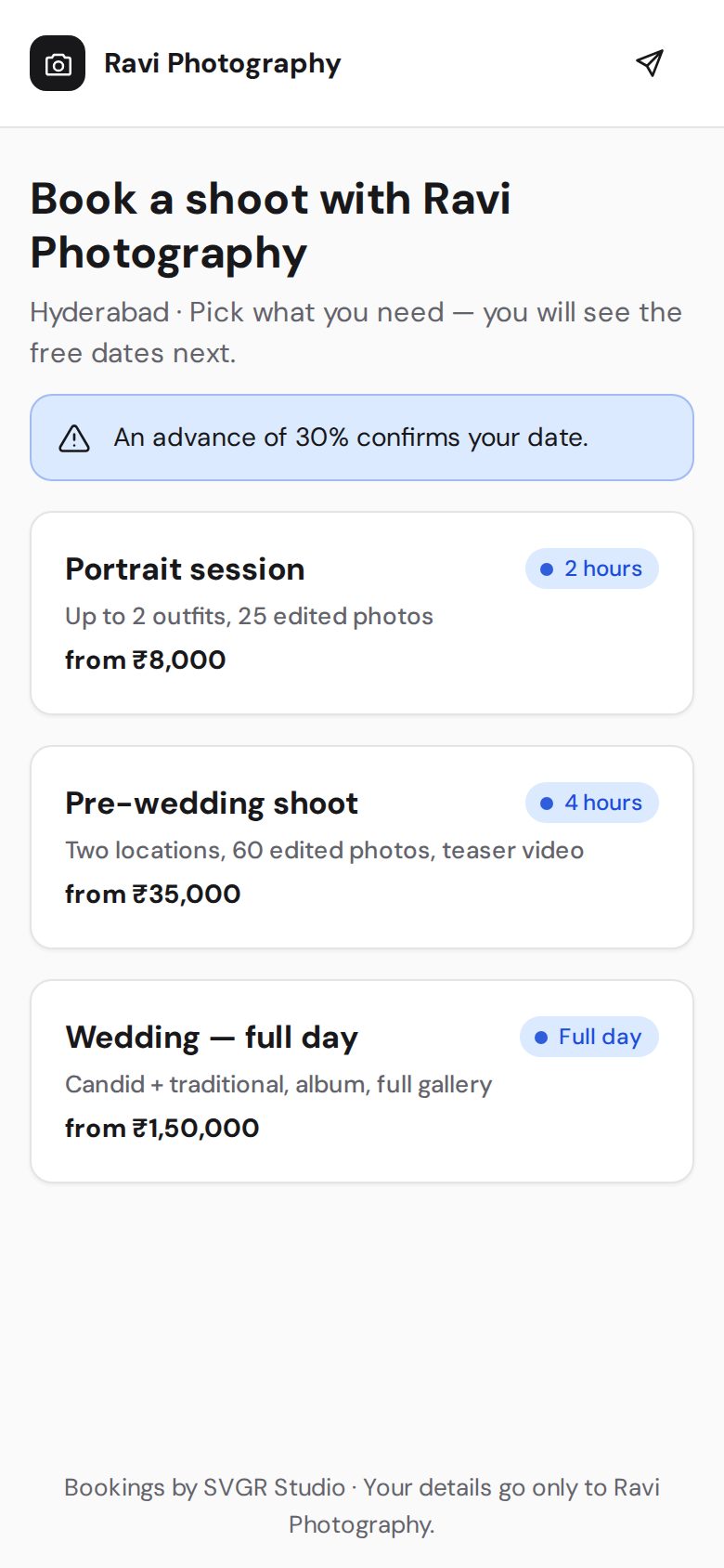 Customer booking page with packages and prices