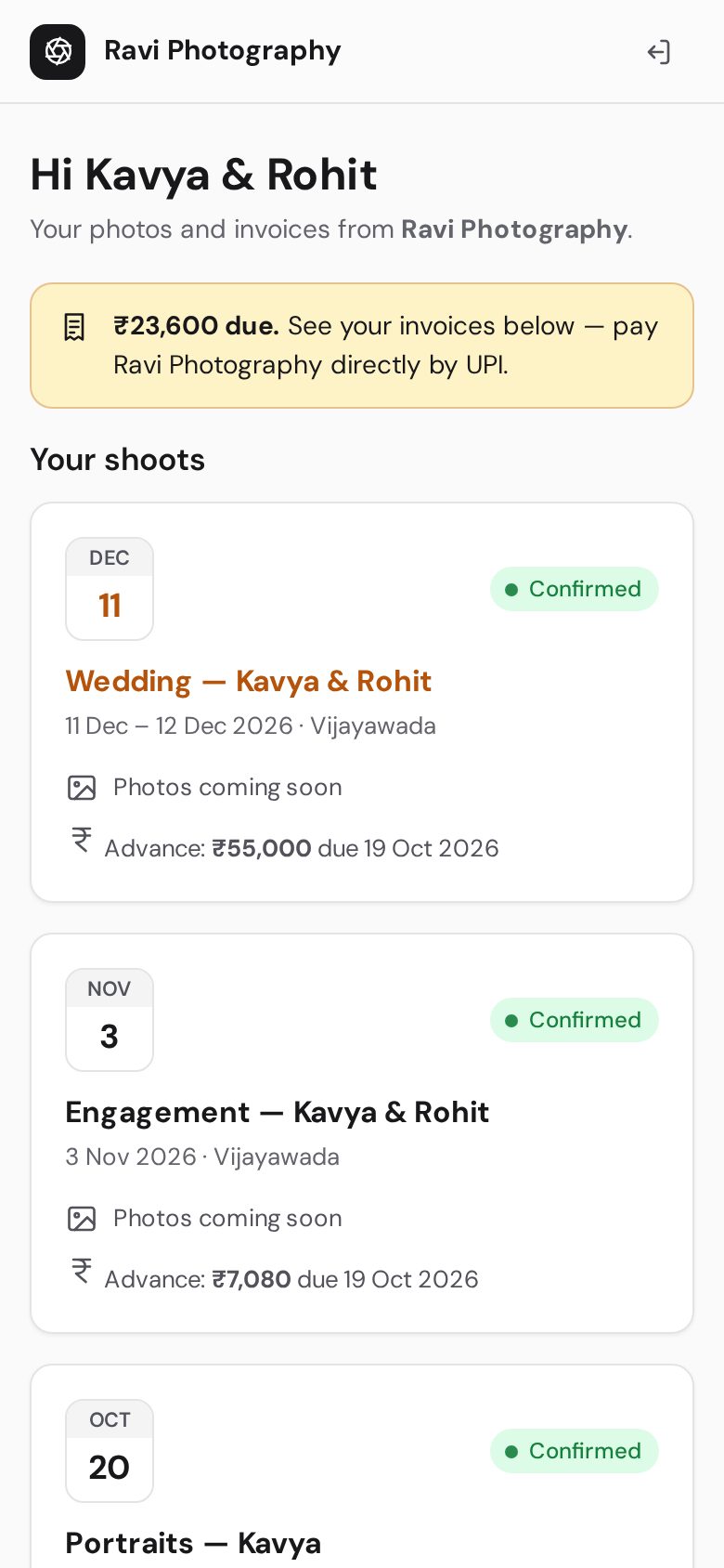 Customer's page with their shoots and photos